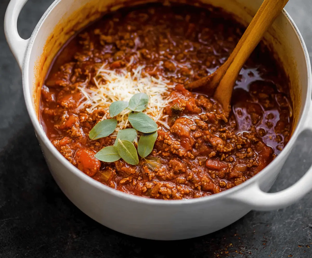 Hearty no-bean chili in a bowl topped with shredded cheese and chopped cilantro, served with cornbread on the side.