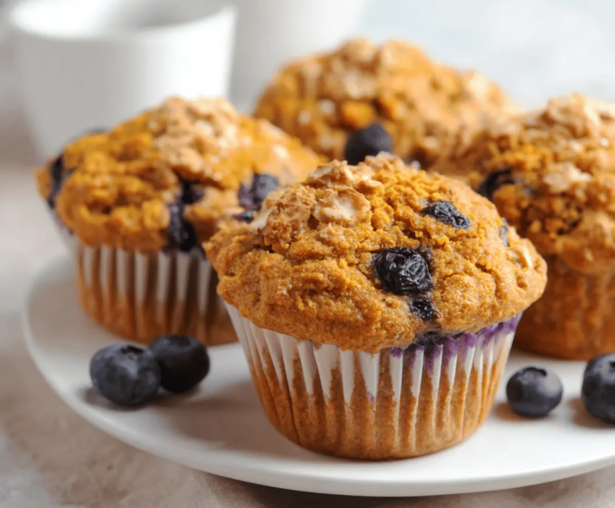 Delicious homemade pumpkin blueberry muffins with golden tops and fresh blueberries, perfect for breakfast or snacking.