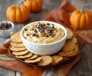 Creamy Pumpkin Cannoli Dip topped with whipped cream and chocolate chips, perfect for fall dessert or holiday gatherings.