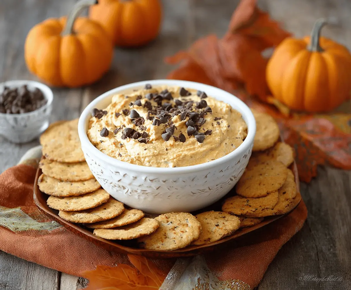 Creamy Pumpkin Cannoli Dip topped with whipped cream and chocolate chips, perfect for fall dessert or holiday gatherings.