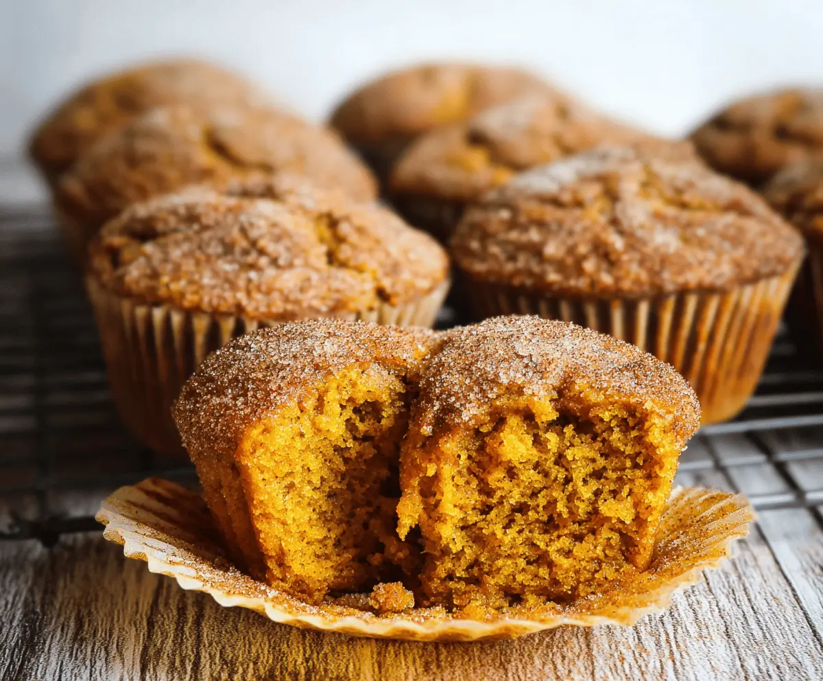 Delicious homemade pumpkin cinnamon muffins topped with cinnamon sugar, perfect for fall breakfast or snack.