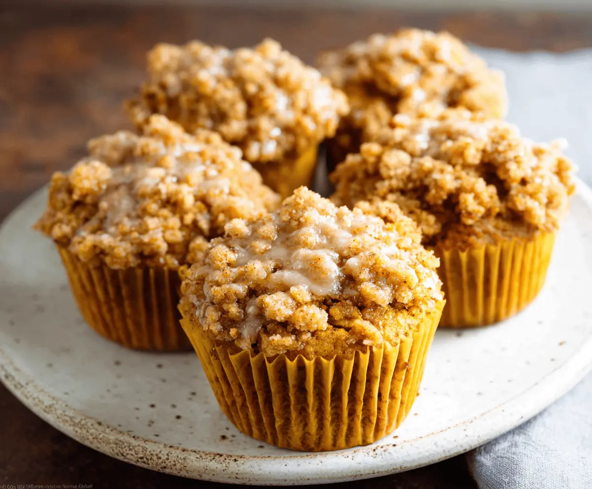 Freshly baked Pumpkin Crumble Muffins topped with cinnamon crumble and a sprinkle of powdered sugar on a rustic plate, perfect for fall breakfast or snack.