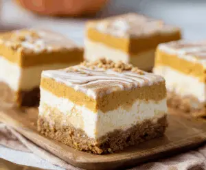 Delicious Pumpkin Pie Cheesecake Bars with a graham cracker crust topped with whipped cream and pumpkin spice, perfect for fall desserts