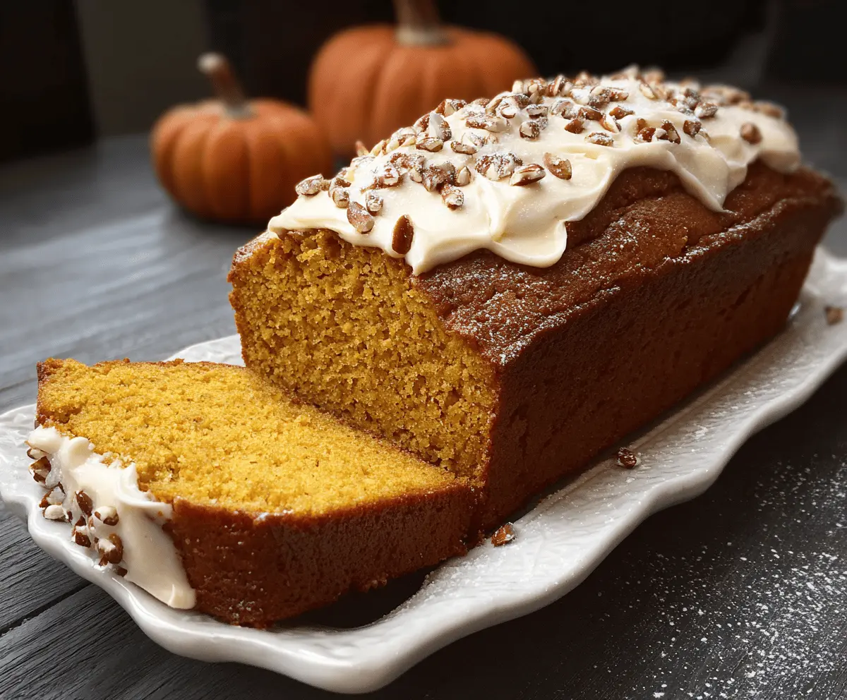 Delicious homemade pumpkin pound cake with a moist texture, topped with a light glaze and garnished with cinnamon and nutmeg, perfect for fall desserts.