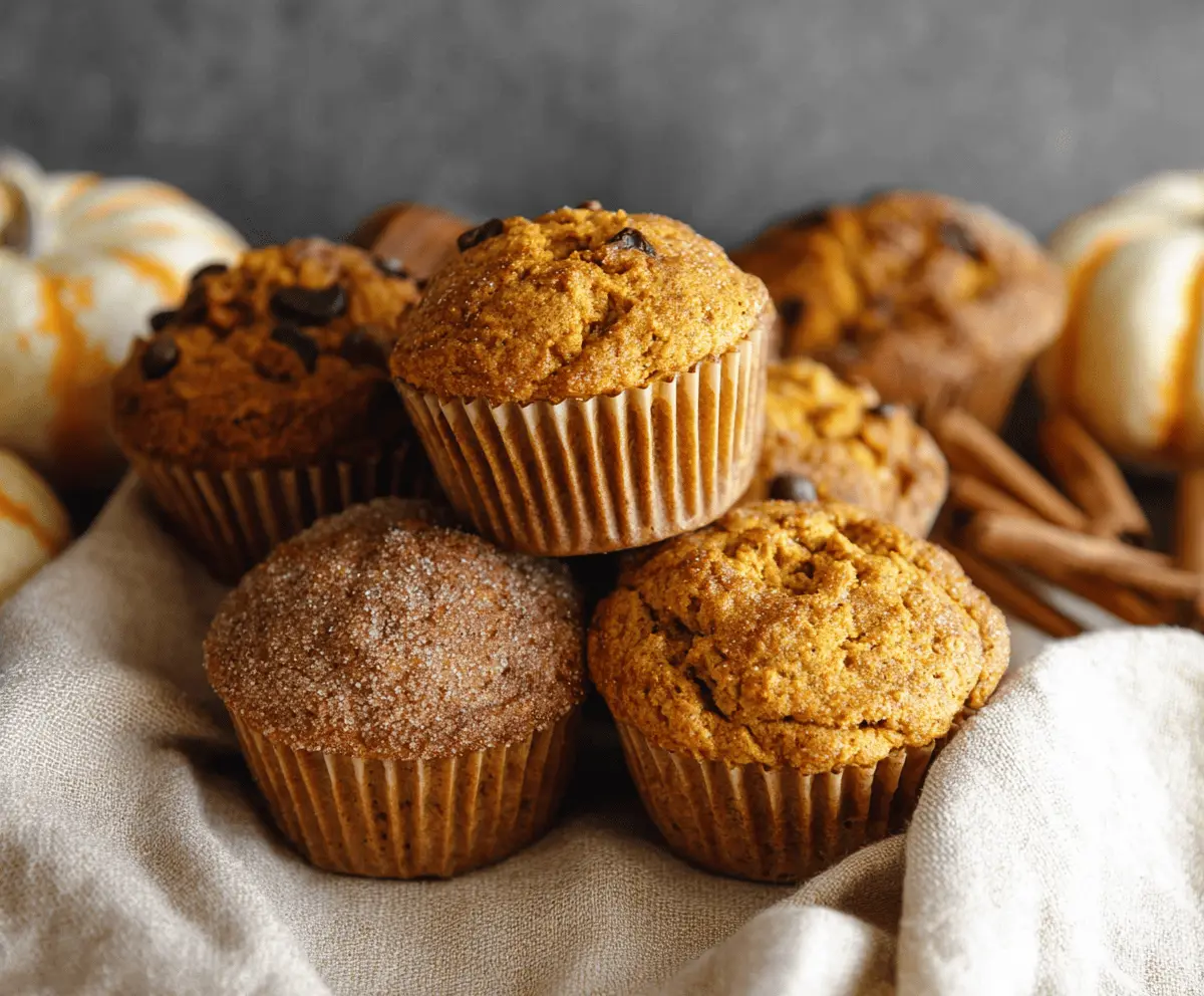 Delicious homemade pumpkin sour cream muffins topped with cinnamon and walnuts on a rustic wooden table, perfect for fall baking.