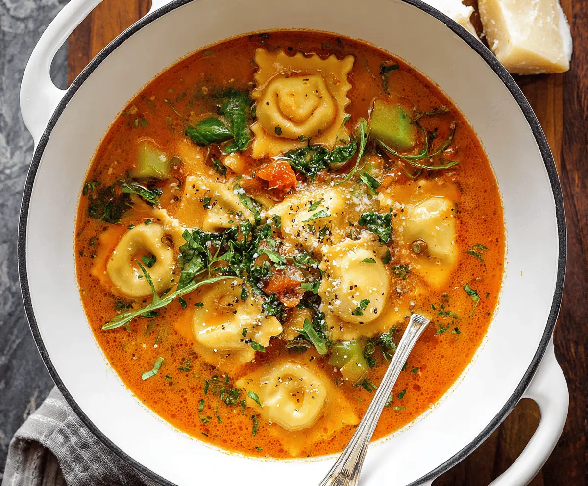 Delicious Ravioli Soup with fresh herbs and vegetables in a savory broth, perfect for a comforting meal.