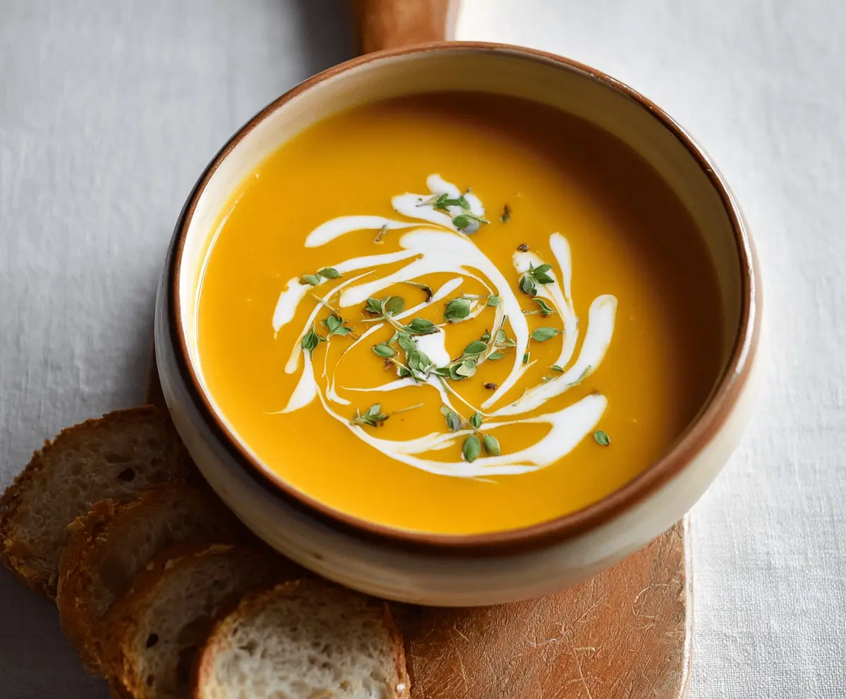Creamy roasted butternut squash soup garnished with fresh herbs in a rustic bowl, perfect for a comforting fall meal.