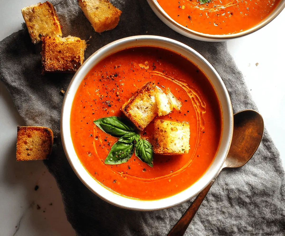 A steaming bowl of roasted tomato soup garnished with fresh basil leaves, served alongside crusty bread on a rustic wooden table.