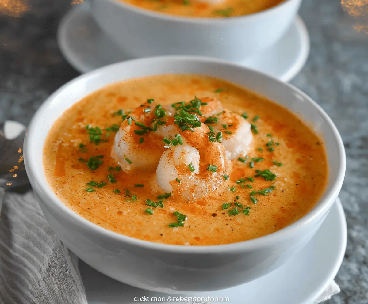 Creamy shrimp bisque garnished with fresh herbs served in a white bowl, highlighting a rich seafood soup perfect for a gourmet appetizer.