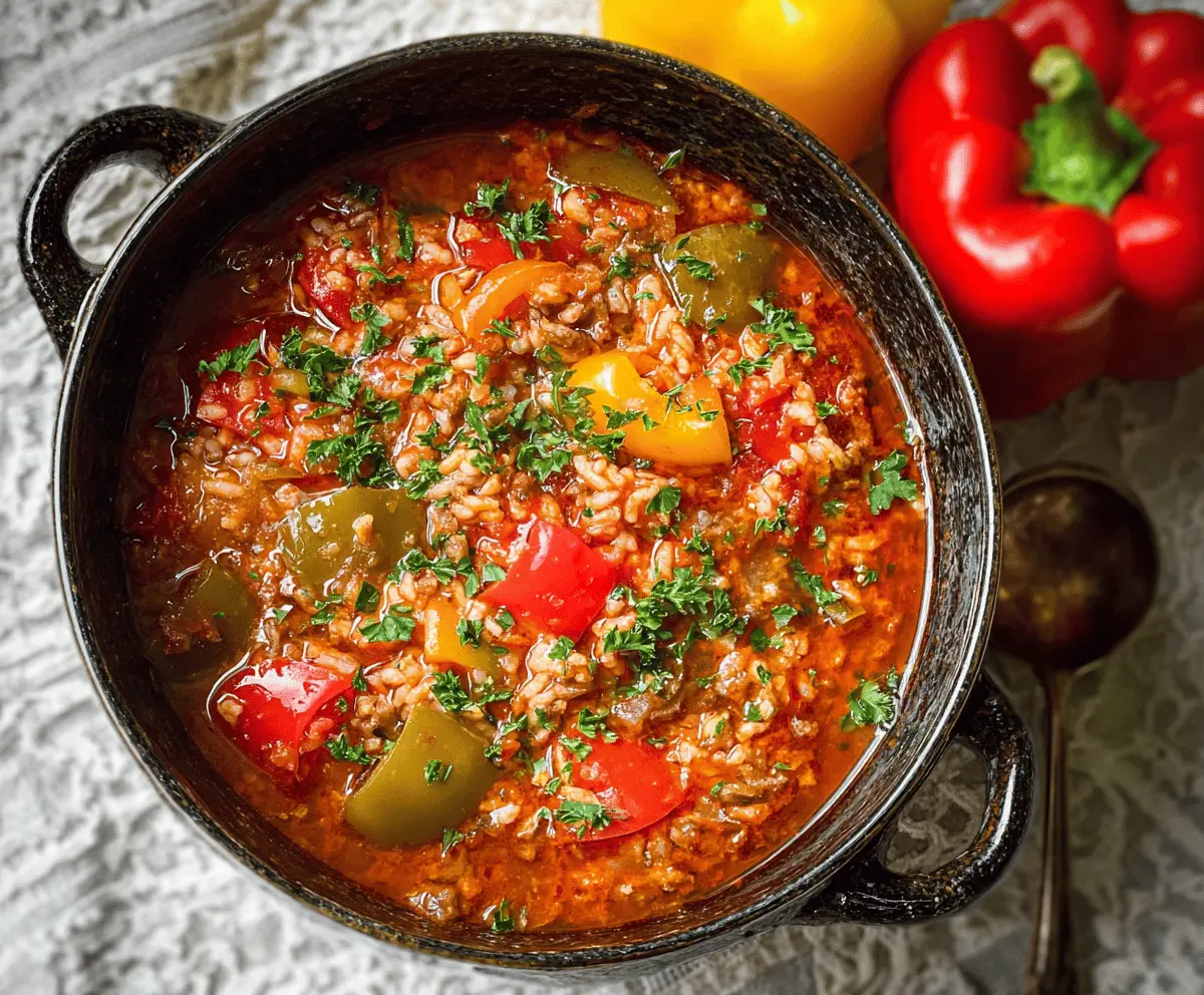 Creamy stuffed bell pepper soup with colorful bell peppers, ground meat, rice, and fresh herbs in a bowl ready to serve