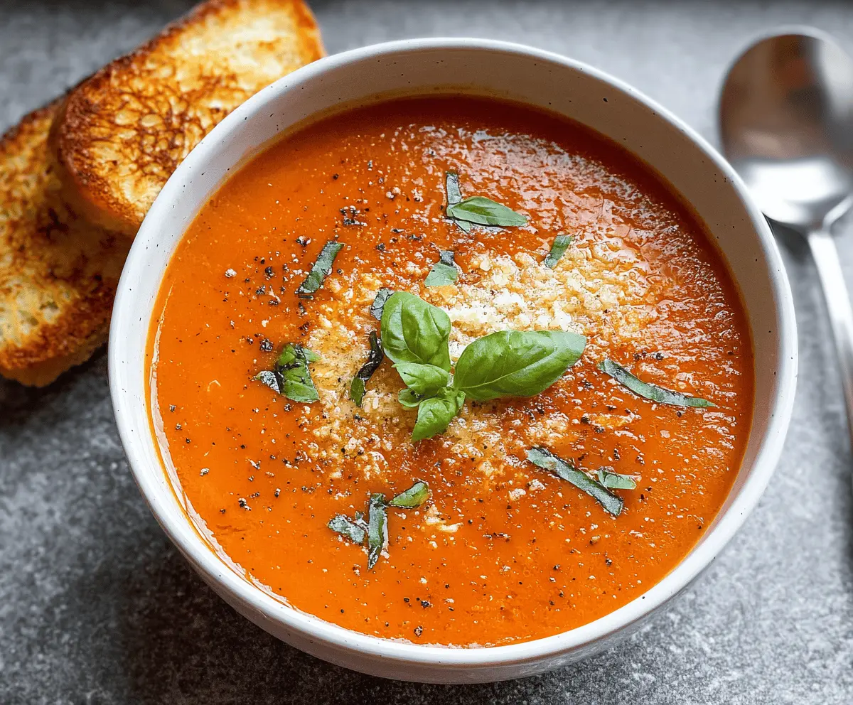 Creamy tomato basil soup served in a bowl with fresh basil leaves and a slice of crusty bread on the side.
