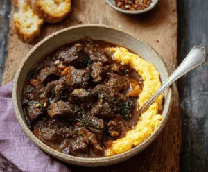 Hearty Tuscan Beef Stew with tender beef chunks, vegetables, and aromatic herbs in a rustic bowl