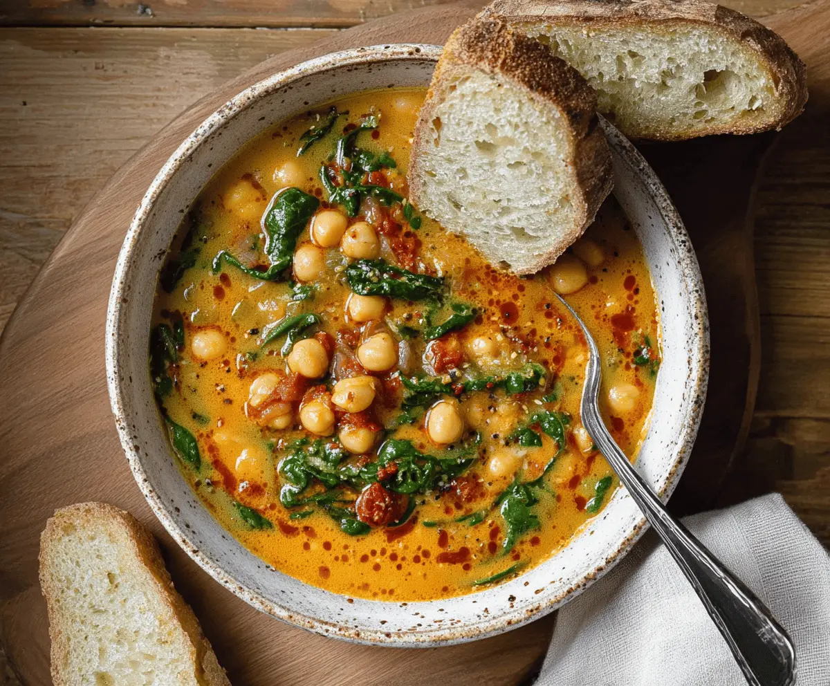 A steaming bowl of Tuscan Chickpea Soup garnished with fresh herbs, showcasing tender chickpeas, vegetables, and aromatic herbs in a rustic ceramic bowl.