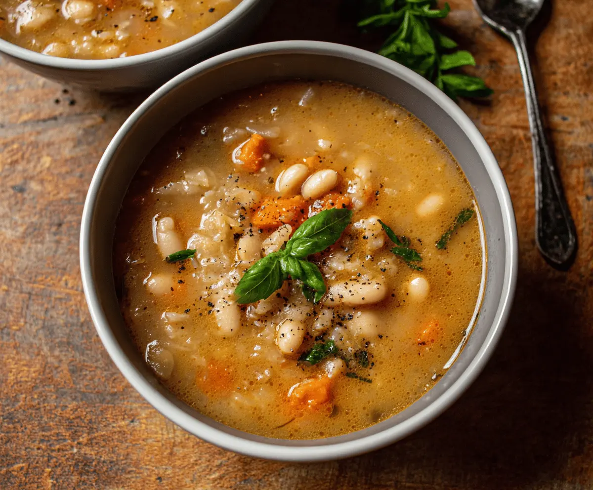 Creamy white bean soup garnished with fresh herbs in a rustic bowl, perfect for a comforting and healthy meal.