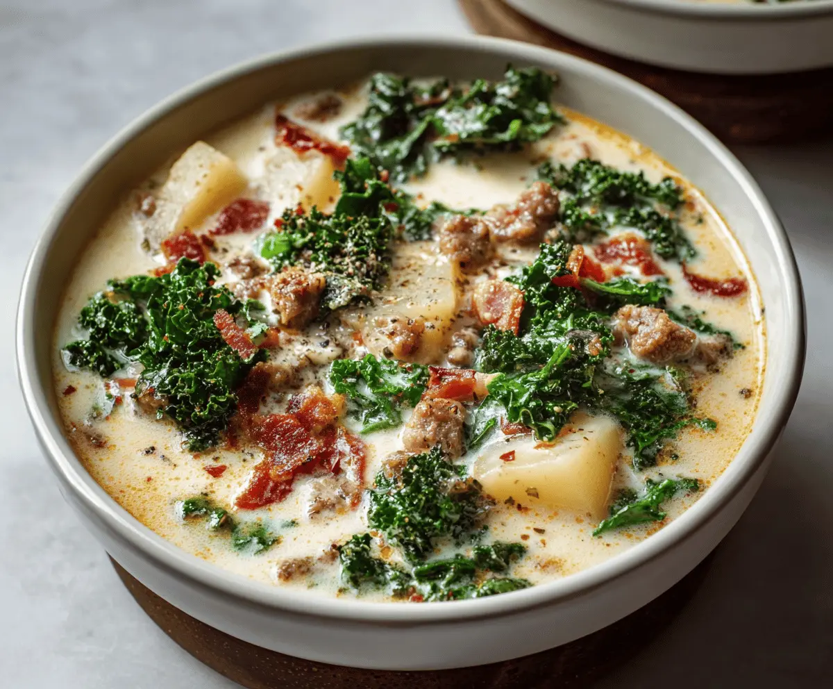 A bowl of creamy Zuppa Toscana Soup featuring kale, sausage, potatoes, and crispy bacon garnished with herbs, served hot in a rustic white bowl.